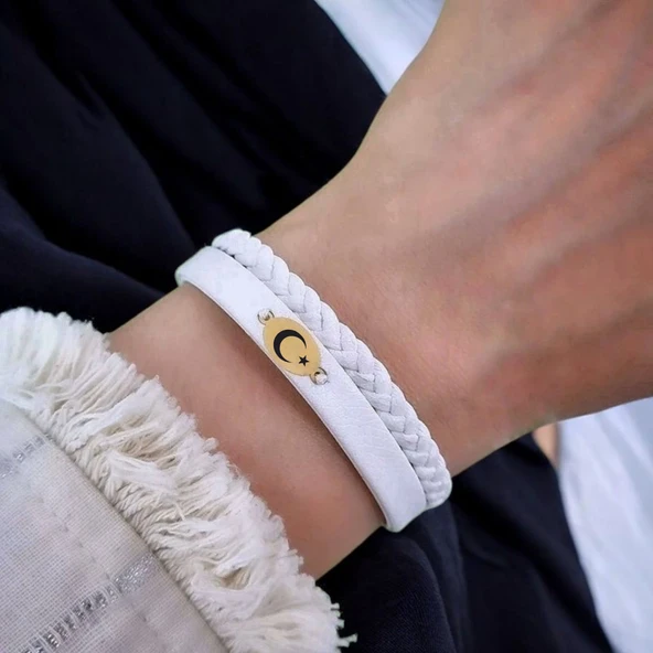 Sembole Özel Doğal Beyaz Derili Sevgililer Günü İçin 14 Ayar Altın Plakalı Oval Motifli Hediye Bileklik-380 - Resim 2