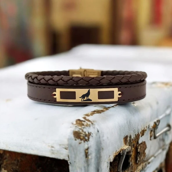 Sembole Özel Hakiki Kahverengi Derili 14 Ayar Altın Plakalı Dikdörtgen Motifli Hediye Bileklik-379 - Resim 2