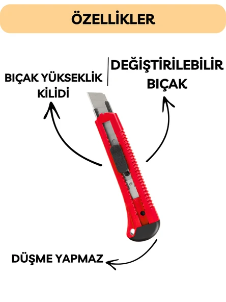 Beylini Falçata Plastik Gövde Geniş Maket Bıçağı Büyük Boy Halı Karton Kutu Gündelik Kullanım Hobi Bıçağı Kırmızı 15 CM - 3