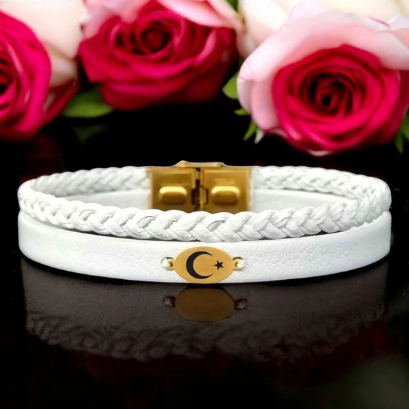 Sembole Özel Doğal Beyaz Derili Sevgililer Günü İçin 14 Ayar Altın Plakalı Oval Motifli Hediye Bileklik-380 ürün görseli