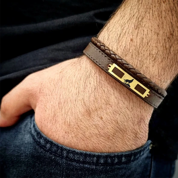 Sembole Özel Hakiki Kahverengi Derili 14 Ayar Altın Plakalı Dikdörtgen Motifli Hediye Bileklik-379 ürün görseli