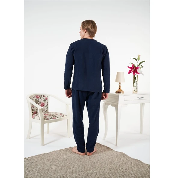 Estiva Düz Renk Uzun Kol Polar Erkek Pijama Takım - Resim 2