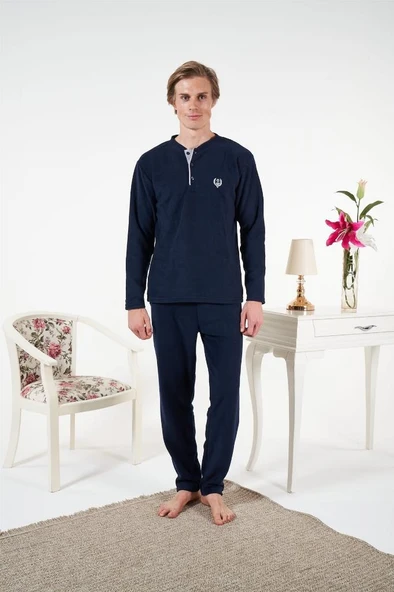 Estiva Düz Renk Uzun Kol Polar Erkek Pijama Takım - Resim 4