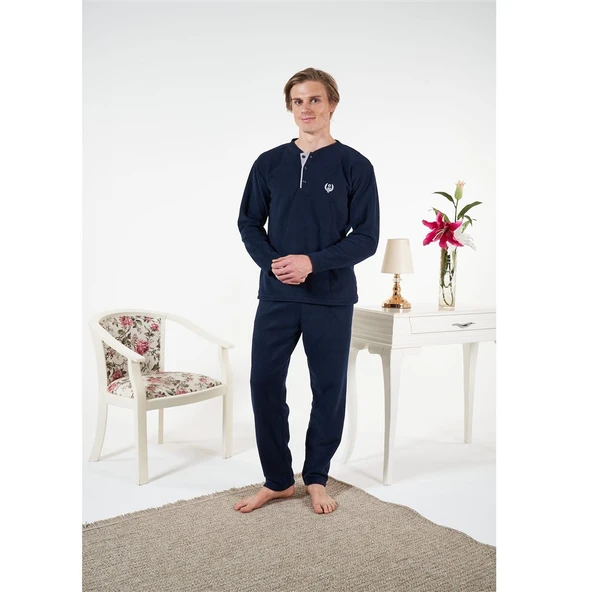 Estiva Düz Renk Uzun Kol Polar Erkek Pijama Takım - Resim 3