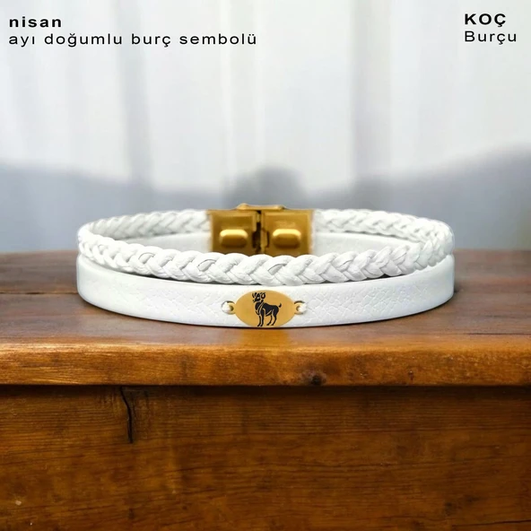 Burca Özel Oval Motifli Doğal Beyaz Derili Sevgililer Günü İçin 14 Ayar Altın Plakalı Hediye Bileklik-380 ürün görseli
