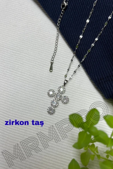 Zirkon Taşlı Çelik Kolye – Kadın Zarif Işıltılı Kararmayan Şık Takı ve Hediye Aksesuar