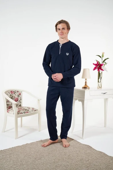 Estiva Düz Renk Uzun Kol Polar Erkek Pijama Takım - Resim 6