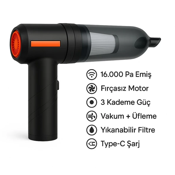 Kablosuz Şarjlı Güçlü El Süpürgesi  16.000 Pa Vakum  Üfleme, 3 Kademeli Güç, HEPA Filtre, Type-C Şarj - 5