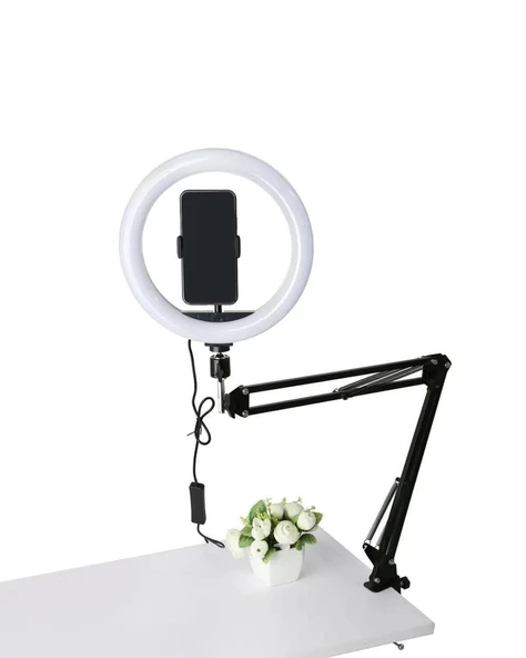 Masa Üstü Yaylı 360 Ayarlanabilir Ring Light Telefon Tutuculu Işıklı Yayıncı Standı - 5