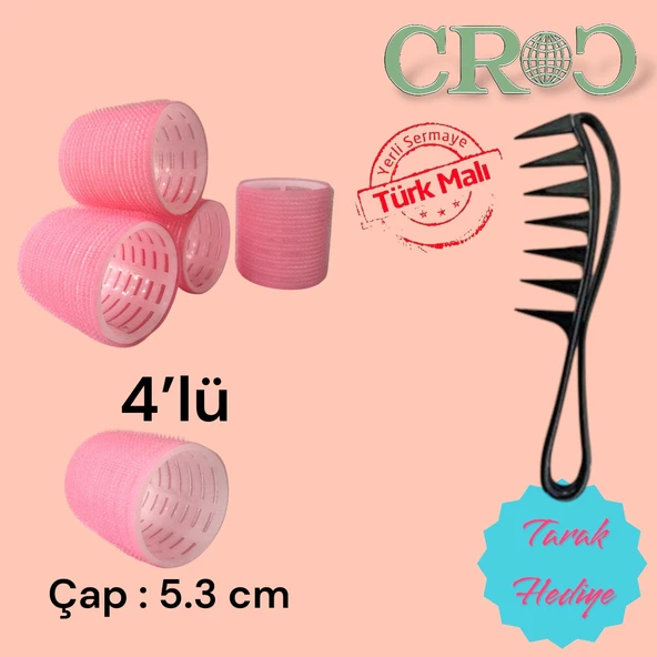 Croc 4lü Büyük Boy Plastik Bigudi Pembe CB23 - Cırtlı Yapışkanlı Saç Bigudisi - Resim 7