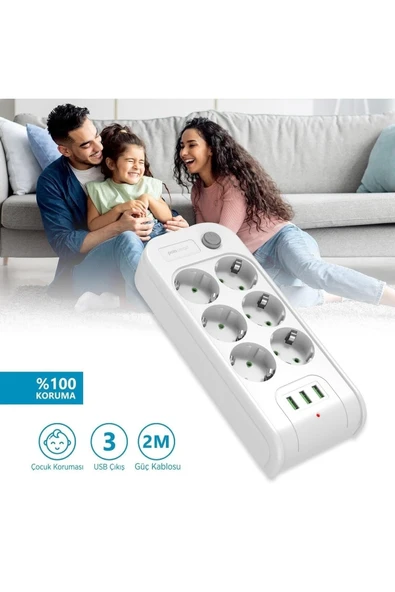 Polosmart Mp10 Termal Akım Korumalı 6'lı Uzatma Kablosu 2m Beyaz - Resim 4