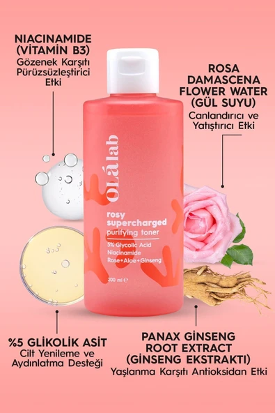 OlaLab Akne, Siyah Nokta ve Leke Karşıtı Aydınlatıcı Sıkılaştırıcı %5 Glikolik Asit Tonik 200 ml - 3