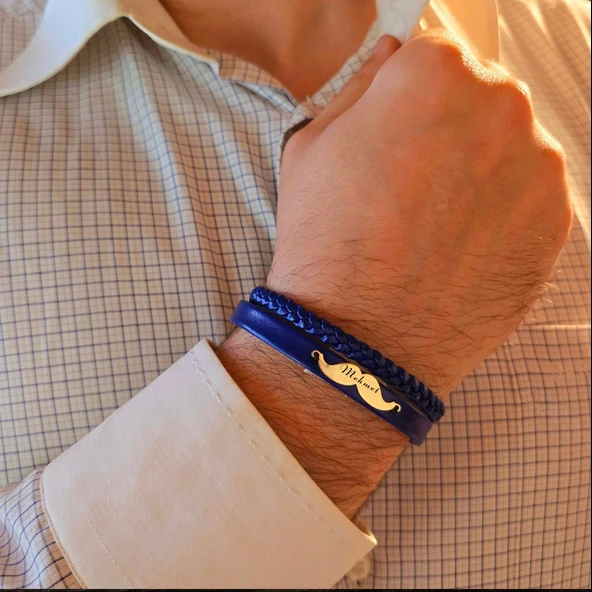 İsme Özel Bıyık Motifli Hakiki Lacivert Derili 14 Ayar Altın Plakalı Hediye Bileklik-384 - Resim 2