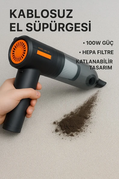 Kablosuz Şarjlı Güçlü El Süpürgesi  16.000 Pa Vakum  Üfleme, 3 Kademeli Güç, HEPA Filtre, Type-C Şarj