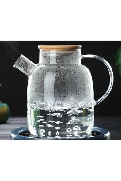 morponi Borosilikat Cam Bambu Kapaklı Bitki Çayı Demliği & Sürahi 1500 ml - Resim 3