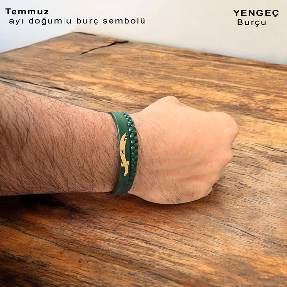 Burca Özel Kılıç Figürlü Hakiki Koyu Yeşil Derili 14 Ayar Altın Plakalı Hediye Bileklik-385 - Resim 3