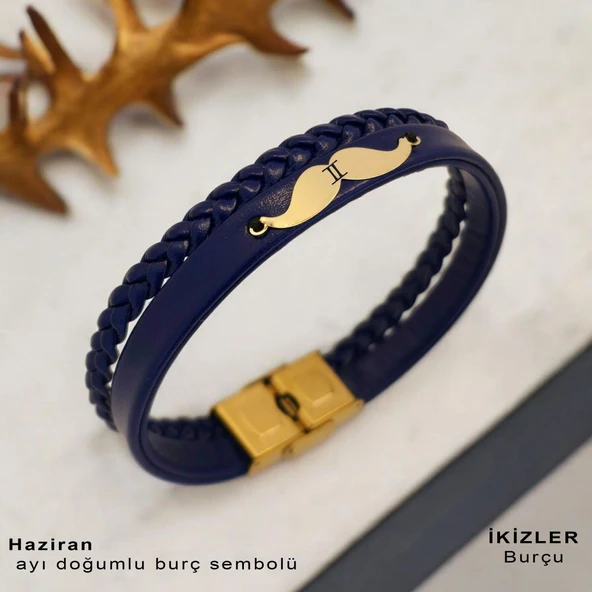Doğum Ayına Özel 14 Ayar Altın Plakalı Bıyık Motifli Hakiki Lacivert Derili Hediye Bileklik-384 ürün görseli