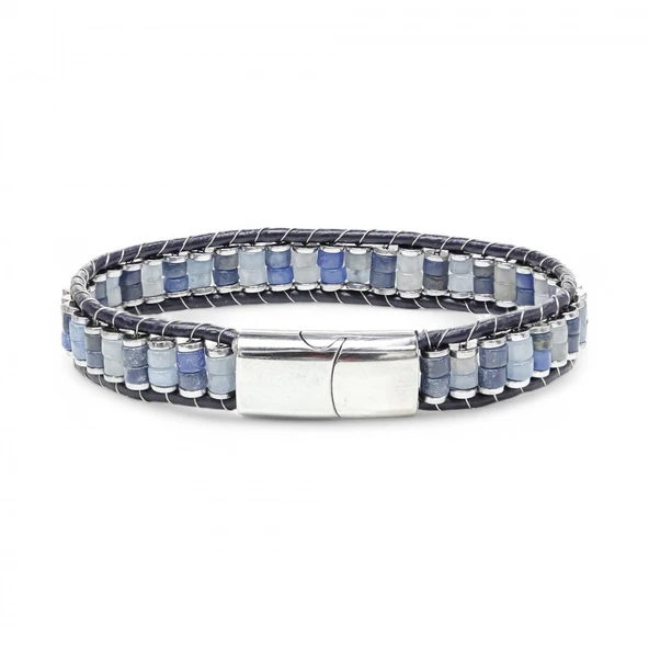 Mavi Aventurin & Hematit Çelik Örgülü Deri Bileklik 31832B22D4 - Resim 4