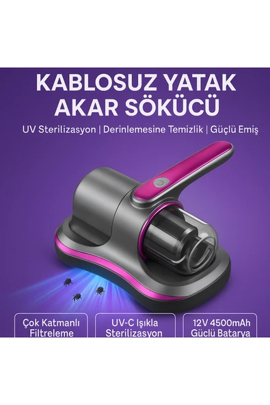 Kablosuz UV-C Sterilizasyonlu Yatak ve Koltuk Akar Temizleyici  12V Güçlü Batarya, Çok Katmanlı Filtre, Derinlemesine Temizlik