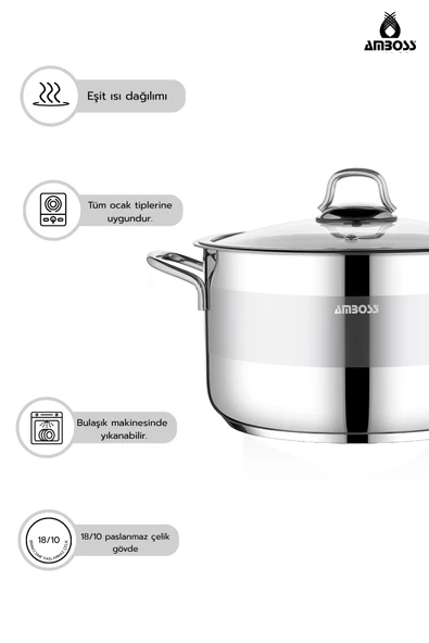 Amboss Saphire Paslanmaz Çelik 16 cm Cam Kapaklı Derin Tencere - Resim 3