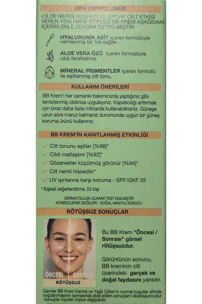 Garnier Bb Krem Karma Ve Yağlı Ciltler Orta Ton 5i1 Arada Hyaluronik Aloe 50ml - Resim 2