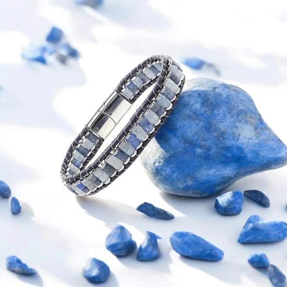 Mavi Aventurin & Hematit Çelik Örgülü Deri Bileklik 31832B22D4 - Resim 2