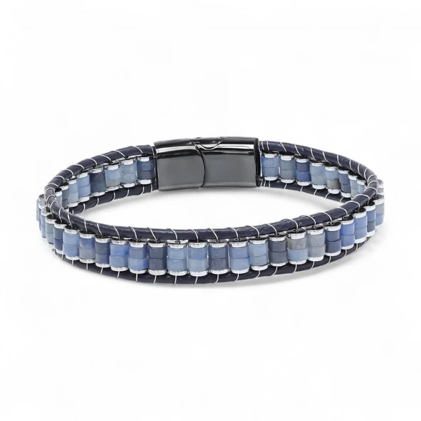Mavi Aventurin & Hematit Çelik Örgülü Deri Bileklik 31832B22D4 ürün görseli 1