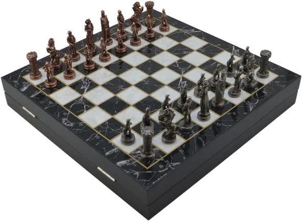 GiftHome Orta Boy Metal İngiliz Satranç Takımı Antik ve Mermer Desenli Sandıklı MDF Tahtası (36x36x6 cm.) Outlet