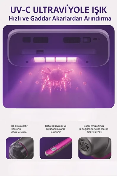Kablosuz UV-C Sterilizasyonlu Yatak ve Koltuk Akar Temizleyici  12V Güçlü Batarya, Çok Katmanlı Filtre, Derinlemesine Temizlik - 3