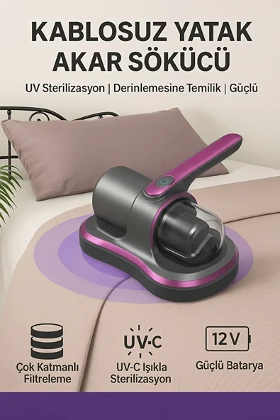 Kablosuz UV-C Sterilizasyonlu Yatak ve Koltuk Akar Temizleyici  12V Güçlü Batarya, Çok Katmanlı Filtre, Derinlemesine Temizlik - 2