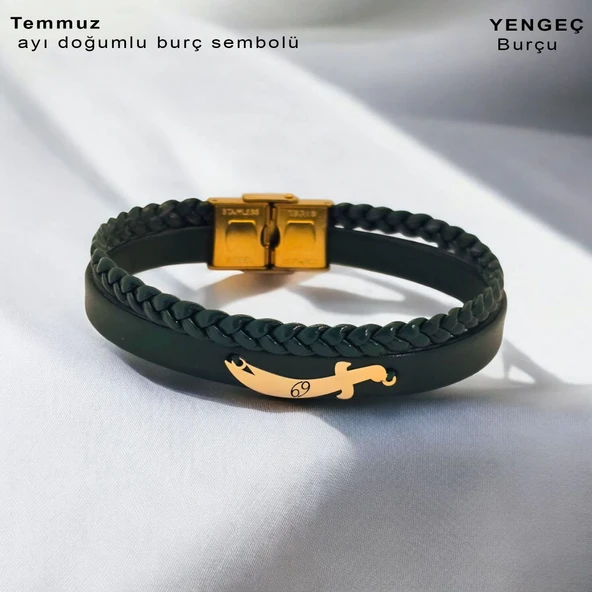 Doğum Ayına Özel 14 Ayar Altın Plakalı Kılıç Figürlü Hakiki Koyu Yeşil Derili Hediye Bileklik-385 ürün görseli