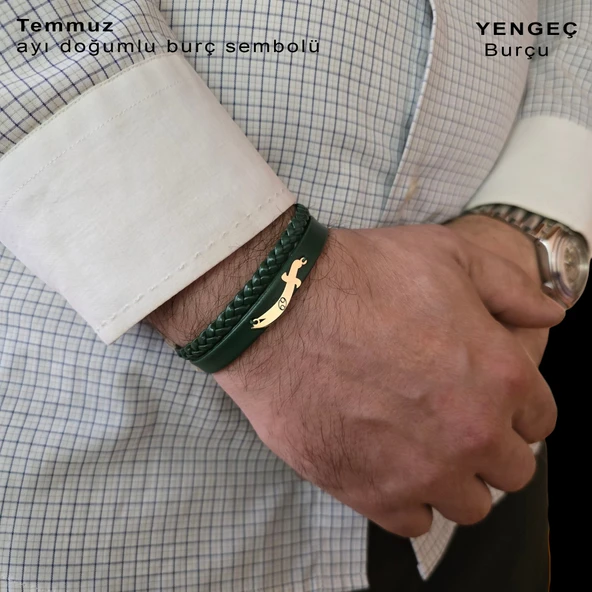 Doğum Ayına Özel 14 Ayar Altın Plakalı Kılıç Figürlü Hakiki Koyu Yeşil Derili Hediye Bileklik-385 - Resim 2