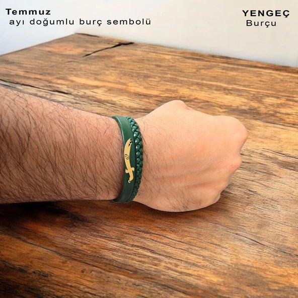 Doğum Ayına Özel 14 Ayar Altın Plakalı Kılıç Figürlü Hakiki Koyu Yeşil Derili Hediye Bileklik-385 - Resim 3