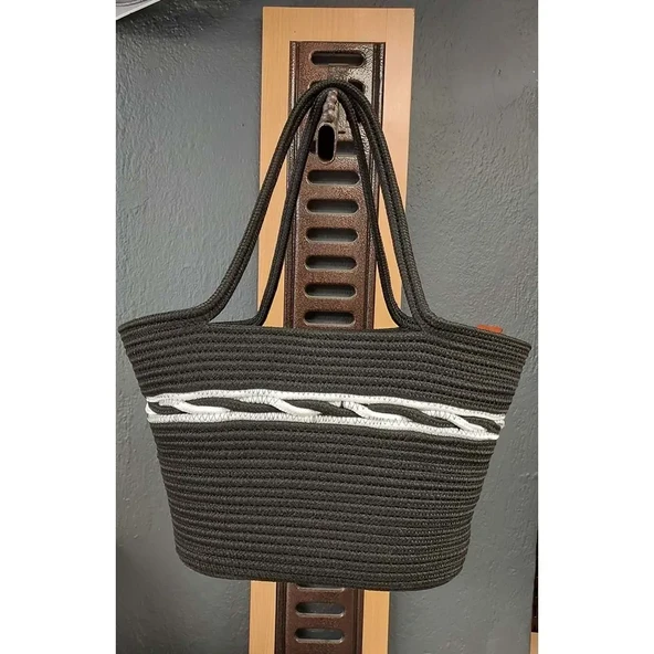 Doğal Hasır Jüt El Örmesi Günlük Kullanım ve Plaj İçin Uygun Bayan Çanta-Siyah Ortası Beyaz Çizgili