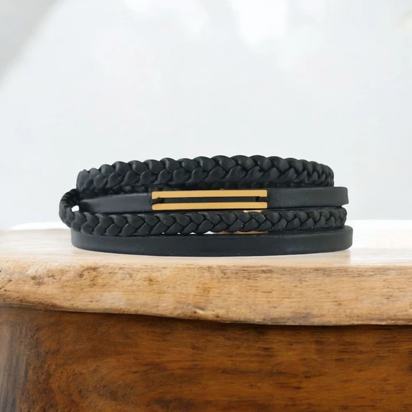 14 Ayar Altın Plakalı İnce Dikdörtgen Figürlü Erkeklere Özel Hakiki Siyah Derili Hediye Bileklik-388 - Resim 2