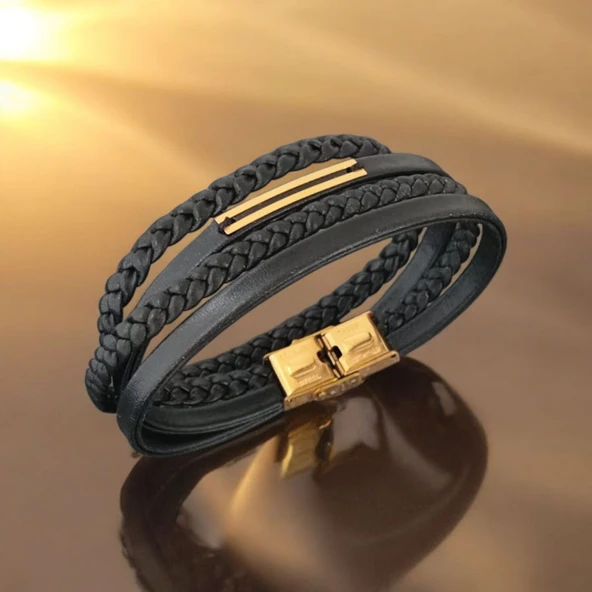 14 Ayar Altın Plakalı İnce Dikdörtgen Figürlü Erkeklere Özel Hakiki Siyah Derili Hediye Bileklik-388 ürün görseli