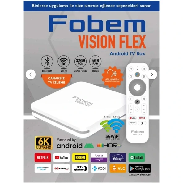 Fobem Vision Flex Tv Box 6k 4+32gb Medya Oynatıcı Wifi Android 12 Ses Komutlu Akıllı Kumanda