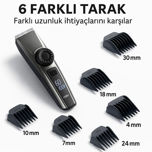 Titanyum Kaplı Seramik Bıçaklı Profesyonel Saç Sakal Kesme Makinesi 6 Başlıklı Dijital Göstergeli - 2