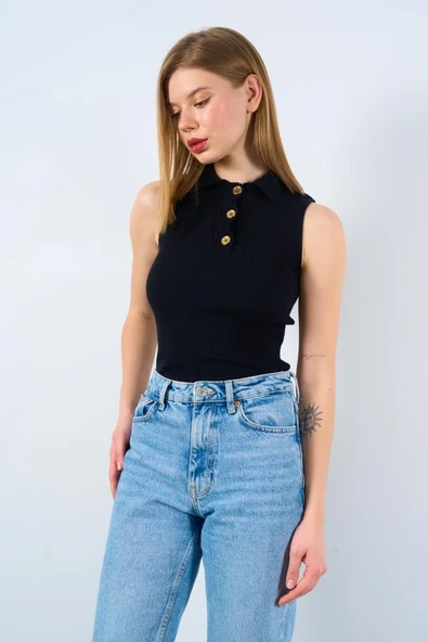 Patlı Düğmeli Triko Atlet - Siyah ürün görseli