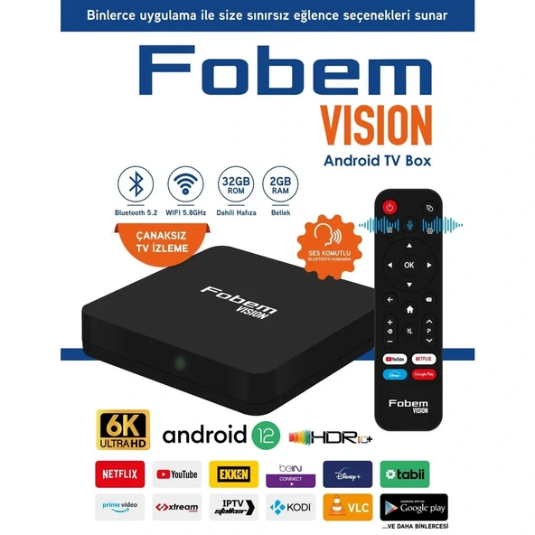 Fobem Vision Tv Box 2+32gb Wifi Android 12 Ses Komutlu Akıllı Kumanda