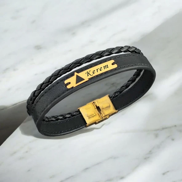 İsme Özel Üçgen Motifli Hakiki Siyah Derili 14 Ayar Altın Plakalı Hediye Bileklik-390 ürün görseli