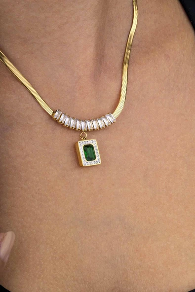 Gümüş Pazarım Altın Kaplama Baget Taşlı İtalyan Zincir Kadın Çelik Kolye - Resim 2