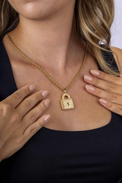 Gümüş Pazarım Altın Kaplama Kilit Model Burgu Zincir Kadın Çelik Kolye