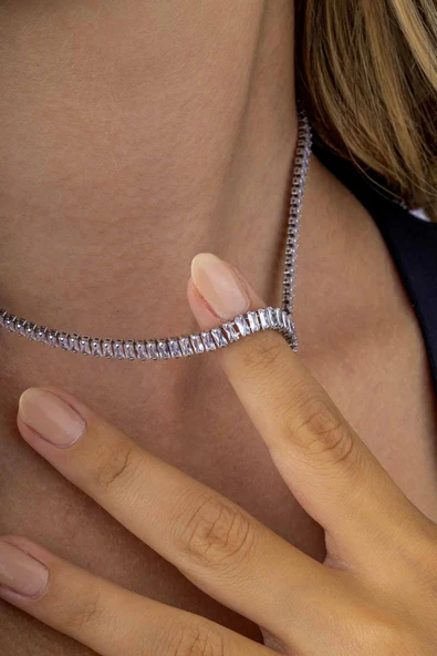 Gümüş Pazarım Baget Taşlı Sıralı Beyaz Altın Kaplama Su Yolu Kadın Çelik Kolye - 2