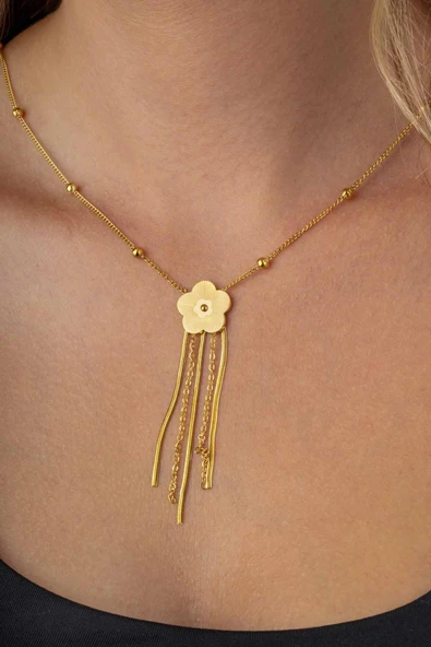 Gümüş Pazarım Top Zincirli Altın Kaplama Yonca Kadın Çelik Kolye - 2