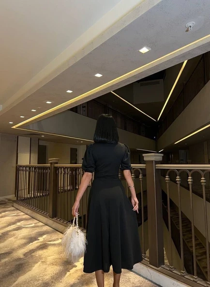 Kadın Bisiklet Yaka Kısa Kol Lastik Detay Uzun Elbise - Resim 4