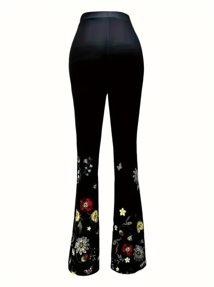 Kadın Yüksek Belli çiçek Desenli Ispanyol Paçalı Dalgıç Tayt Pantolon - Resim 5