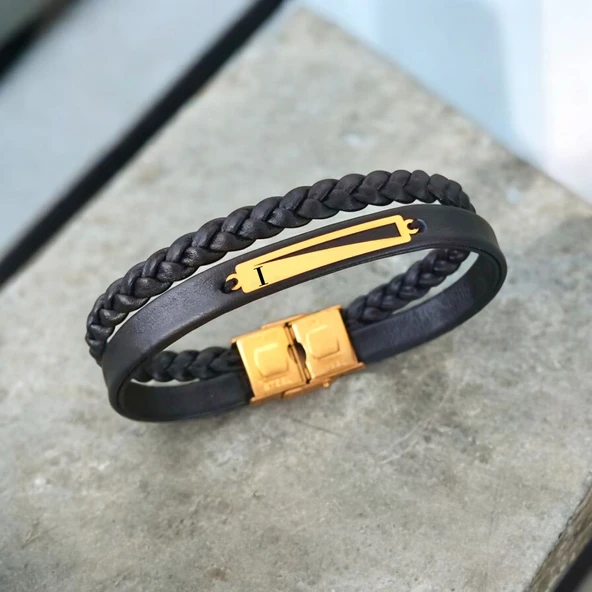 Harfe Özel 14 Ayar Altın Plakalı Dikdörtgen Figürlü Hakiki Siyah Derili Hediye Bileklik-393 ürün görseli