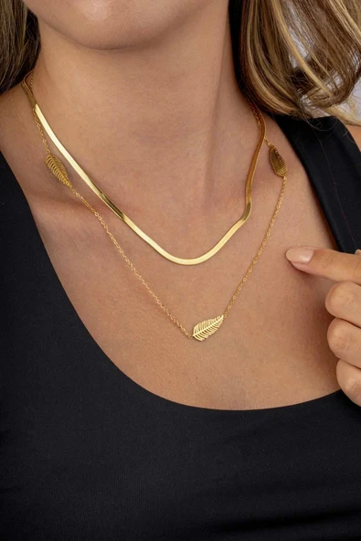 Gümüş Pazarım Altın Kaplama Yaprak Motifli Çift Zincir Kadın Çelik Zincir - 3