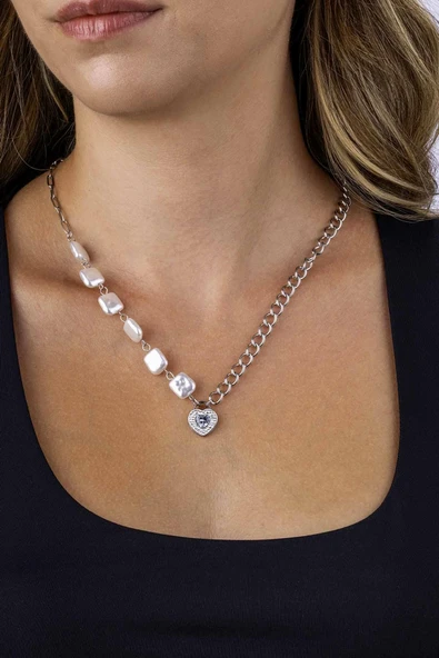 Gümüş Pazarım Beyaz Altın Kaplama Kalp Model Zincir Model Kadın Çelik Kolye ürün görseli 1